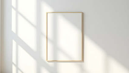 Minimalist blank white frame mockup on a white wall with sunlight shadow overlay, perfect for showcasing artwork and designs in a simple setting