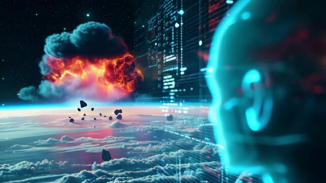 Explosion of data and code under AI control behind it on Earth's surface. A nuclear bomb mushroom  fills half the sky. Digital War concept