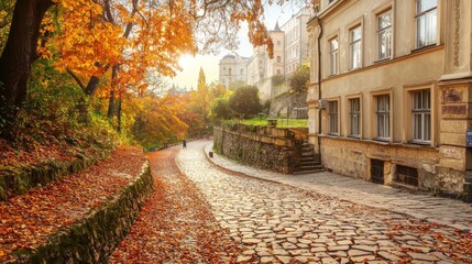 Obraz premium Autumnal Charm: Cobblestone Street in a Historic European City
