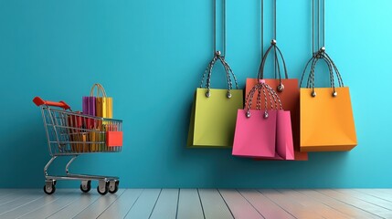 Shopping bags, shopping cart, vibrant colors, teal background,  retail scene