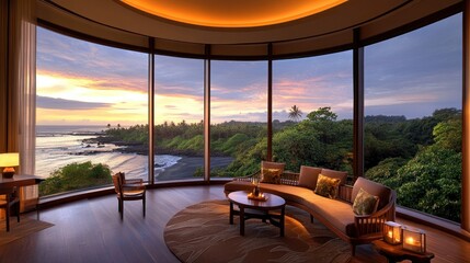 Fototapeta premium Luxurious ocean view living room at sunset