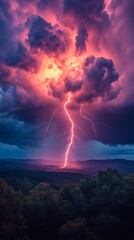A dramatic lightning strike illuminates the dark dramatic sky