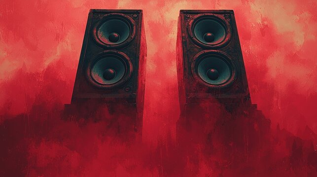 Vibrant Red Background with Retro Audio Speakers Capturing Music Passion and Sound Vibes