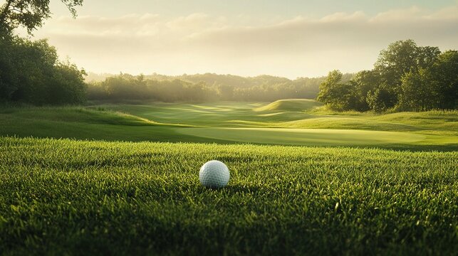 Golf Ball Poised on Tee with Lush Green Fairway and Scenic Background