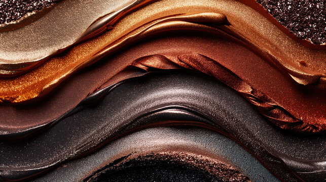 Curved layers of dual-tone eyeshadow in metallic and matte finishes create striking patterns. The extreme detail highlights vibrant colors and textures, perfect for makeup enthusiasts and artists