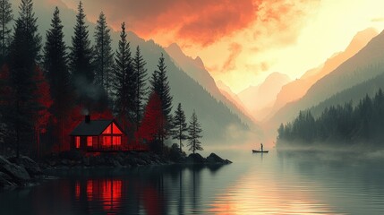 Fototapeta premium Serene Mountain Landscape with Cozy Cabin Amidst Misty Lake and Majestic Peaks at Sunset