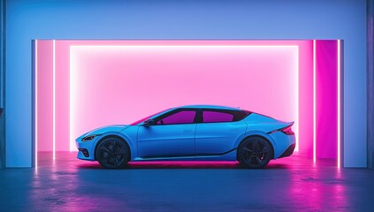 Futuristic Electric Car in Neon Garage