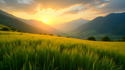 Picturesque Landscape of Green Field and Majestic Mountains at Sunset