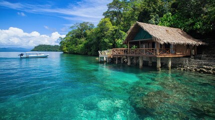 Fototapeta premium Tropical Paradise: Overwater Bungalow in Crystal Clear Waters