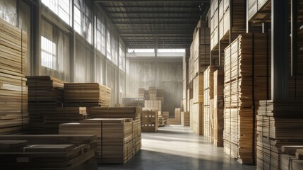 artistically composed lumber yard storage scene, layered wood planks stacking pattern, pale natural timber tones, warehouse interior backdrop, construction materials photography, sharp focus on wood
