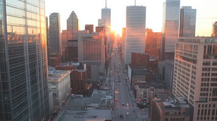 Obraz premium Sunrise Cityscape: Warm Light Illuminates Modern Skyscrapers and Streets