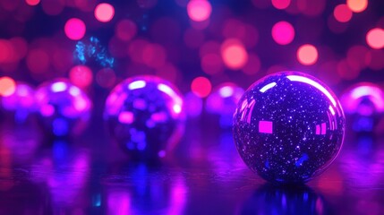 Colorful reflective spheres with glitter under vibrant glowing lights