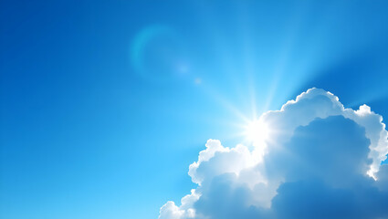 Radiant Sky, Sunbeams Bursting Through Fluffy Clouds in Azure Expanse