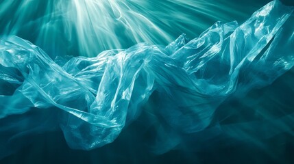Fototapeta premium Deep ocean environmental scene, backlit floating debris, aquatic light rays, translucent plastic waste, marine pollution art, scattered oceanic garbage, underwater photography style, deep blue-green
