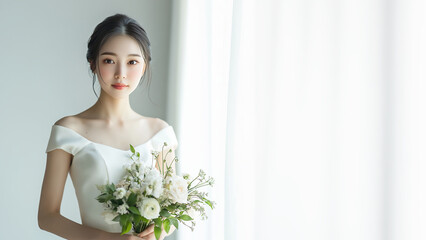 上品な雰囲気のウエディングドレスを着た若い女性がブーケを持つ