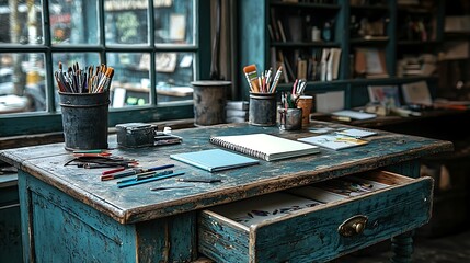 An artists studio workspace featuring paints and various drawing supplies