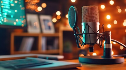 Home recording studio microphone on wooden desk with computer screen and warm lighting