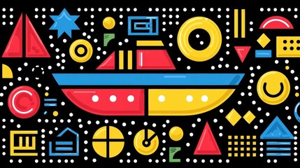 Obraz premium Vibrant Abstract Illustration of a Colorful Yacht Surrounded by Geometric Shapes and Patterns