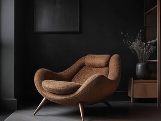 A stylish brown armchair rests beside a dark colored wall