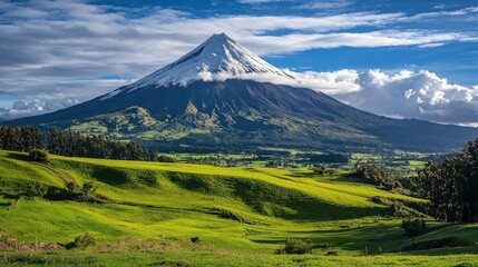 Fototapeta premium Majestic Volcano and Verdant Landscape: A Breathtaking Scene