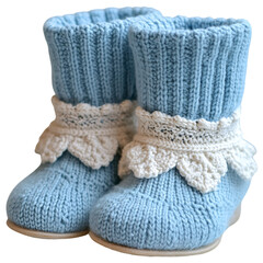 Knitted Boot Cuffs in Pastel Blue with Lace Edging Isolated on Transparent Background