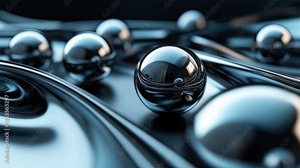 Poster reflective spheres on smooth surface with dynamic liquid background