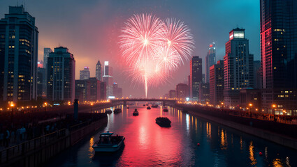 Obraz premium Spectacular New Year's Eve Celebration, Vibrant City Skyline at Midnight Fireworks Display Over Water