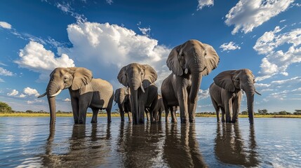 Fototapeta premium African Elephant Herd Drinking Water in a River