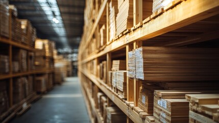 Obraz premium stacked raw lumber planks in warehouse storage, light colored wood texture, natural wood grain details, shallow depth of field photograph, diagonal composition, industrial setting, woodworking