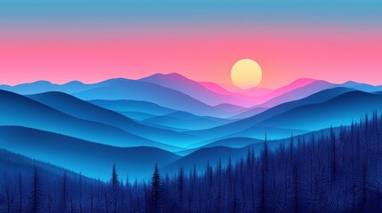 Tranquil Sunset Over Rolling Blue Mountains with Silhouetted Pine Forest in Soft Pastel Colors