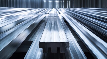 Obraz premium Systematic arrangement of raw aluminum extrusions, uniform metallic profiles lined up in perfect rows, manufacturing facility setting, technical product photography, dramatic side lighting