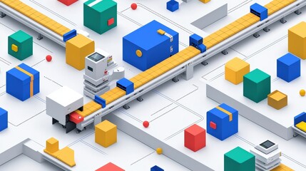 Obraz premium Colorful 3D Illustration of Automated Warehouse with Conveyor Belts and Geometric Shapes