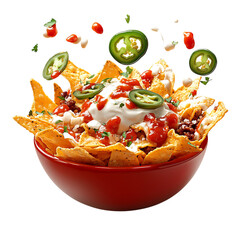 A Cheesy Nacho Bowl with Jalapenos, Sour Cream, and Salsa Isolated on Transparent Background
