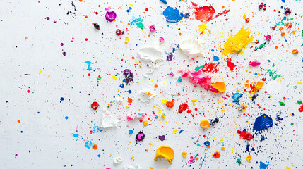 A dynamic abstract painting featuring an explosion of colorful paint splatters on a white background. Thick blobs and splashes of various hues, including red, blue, yellow, pink, purple, and white