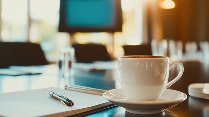 Coffee cup on a saucer sits on a polished conference table beside an open notebook and pen. Soft daylight filters through large windows, casting a warm glow.
