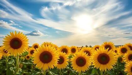 Obraz premium Beautiful Sunflower Field Dramatic Sky Blooming Sunflowers