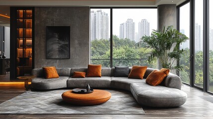 Modern Living Room with Gray Sofa and Orange Accents Overlooking City Skyline
