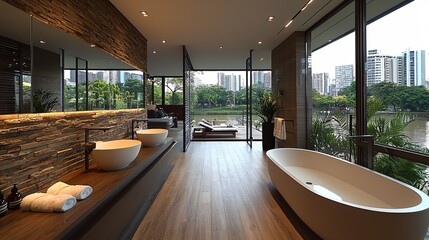 Fototapeta premium Modern luxury bathroom with stunning city views featuring stylish freestanding bathtubs and elegant decor
