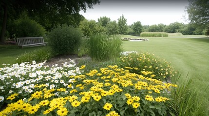A garden with a bench and a pond. The flowers are yellow and white. The pond is surrounded by grass