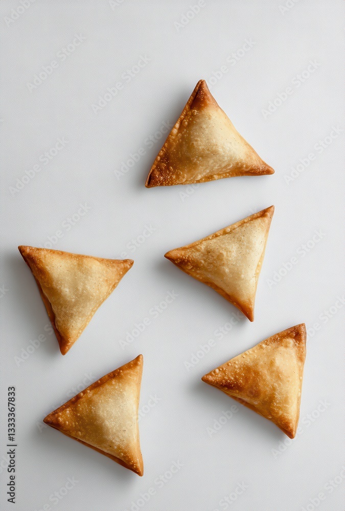 Poster golden crispy fried pastries arranged in a creative pattern on a light gray background with shadows 