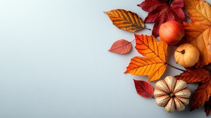 Autumn leaves, pumpkins, and apples on a gray background