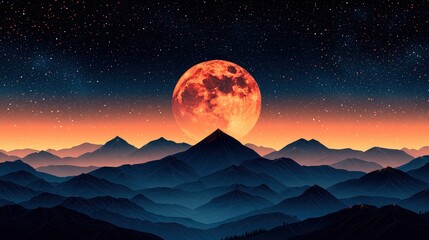 Majestic Landscape of Mountains Under a Brilliant Full Moon at Twilight with Starry Sky
