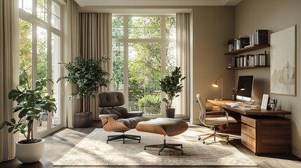 Cozy Modern Home Office with Large Windows and Comfortable Seating for Productivity and Relaxation