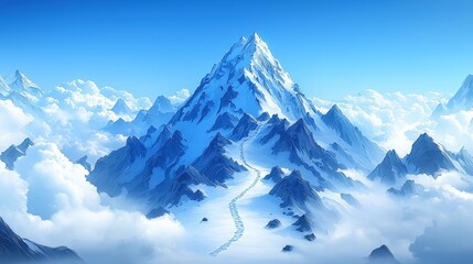 Obraz premium Majestic Snow-Capped Mountain Surrounded by Fluffy Clouds in a Bright Blue Sky