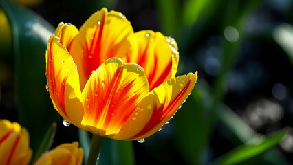 Fototapeta premium Luminous orange and yellow striped tulips adorned with glistening water droplets, embodying the vibrant essence of spring, perfect for floral arrangements, garden photography.