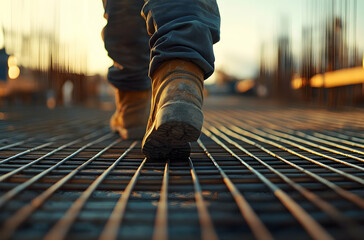 Man Walking on Metal Grate in Safety Boots at Construction Site During Sunset with Golden Light Casting Shadows on Urban Landscape