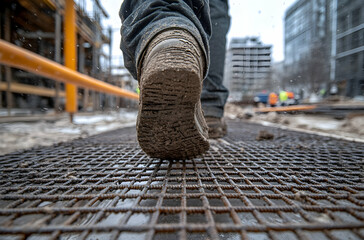 Close-Up View of Construction Worker Walking on a Steel Grate Path at a Busy Construction Site in an Urban Environment