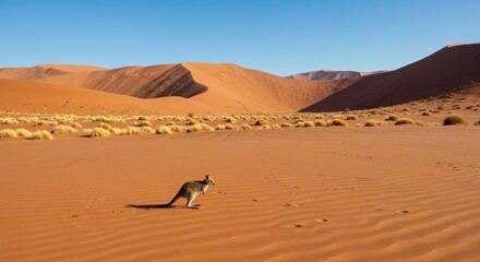 A lone kangaroo traversing the breathtaking orange dunes of Namib Desert under a vibrant blue sky