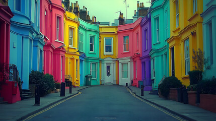 Fototapeta premium Vibrant colorful houses lining a quaint street in a lively neighborhood, showcasing urban charm