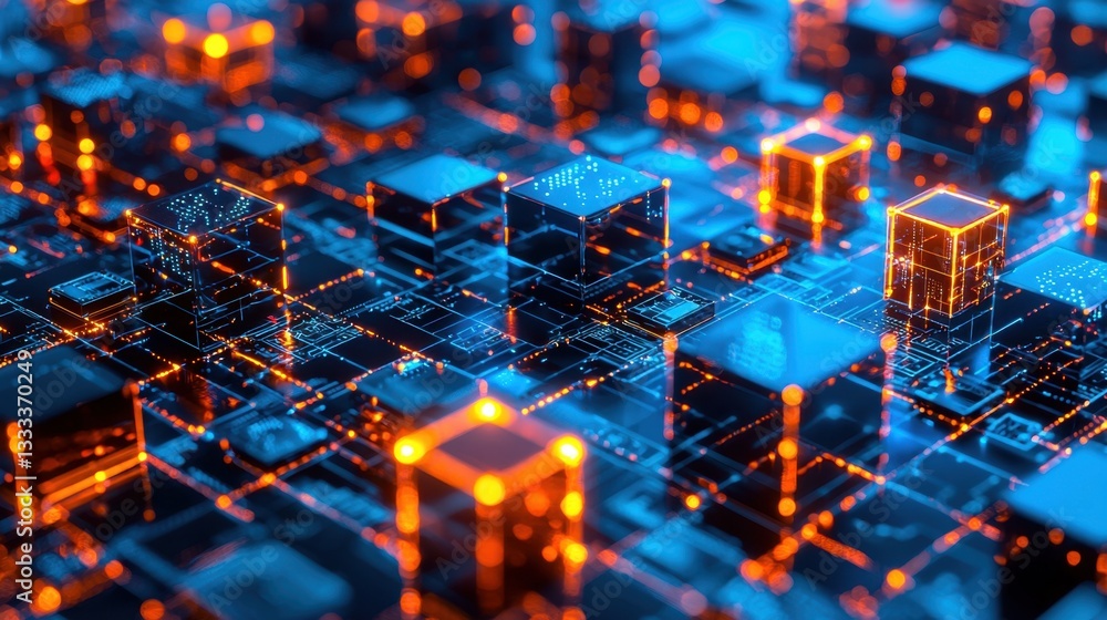 Aufkleber a decentralized finance network visualized with interconnected glowing cubes.